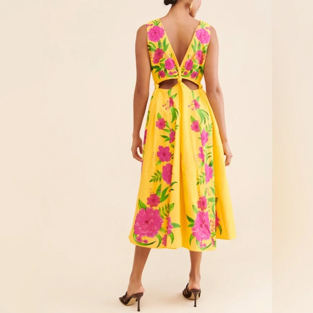 FARM Rio Romantic Garden Yellow Pink Plunge Midi Dress Size M - Picture 3 of 13